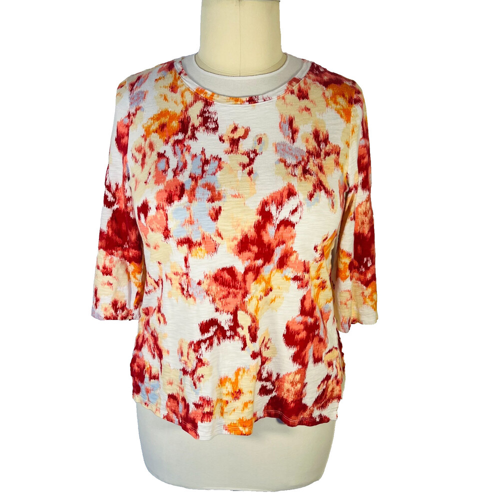 Chico's - Knit Top Blouse Women's L (2) Impressionist Abstract Floral Boat Neck
